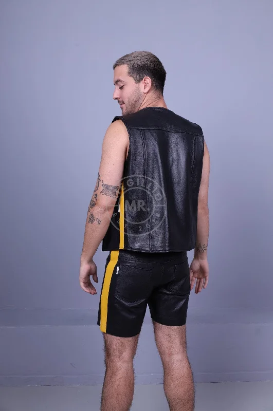 Black Leather Waistcoat - Yellow Stripe