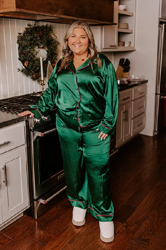 Feeling Luxurious Satin Pajama Pants in Hunter Green Curves