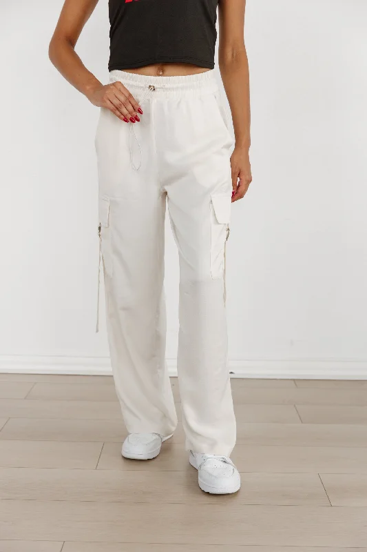 SATIN SHINE DRAWSTRING CARGOS IN IVORY