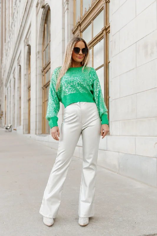 TAKE ME OUT HIGH WAIST FLARE FAUX LEATHER PANTS IN SILVER