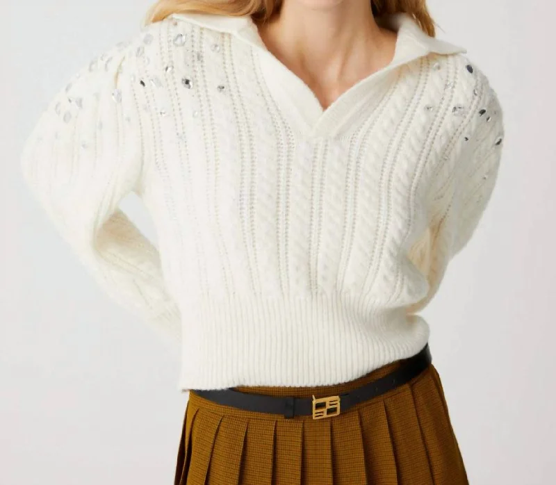 Embroidered Sleeves Polo Sweater In Off White