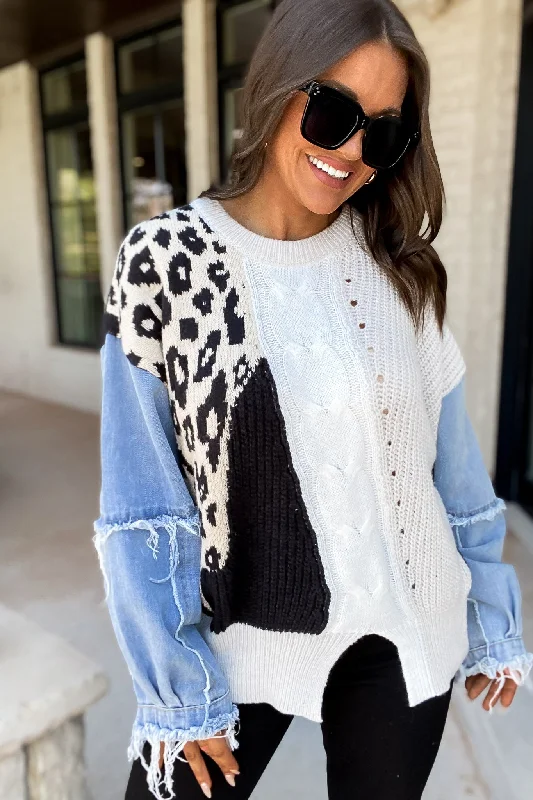 Perfectly Content Oat/Ivory/Grey Color Block Sweater Top With Denim Sleeves