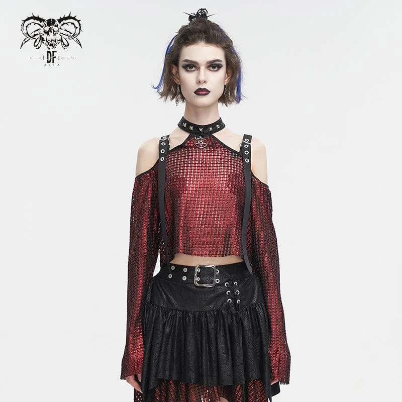 Women's Gothic Off Shoulder Buckle Sheer Crop Top Red