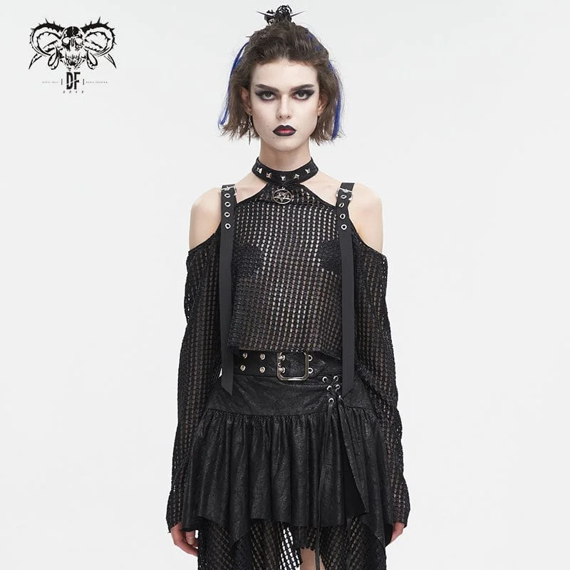 Women's Punk Off Shoulder Buckle Sheer Crop Top Black