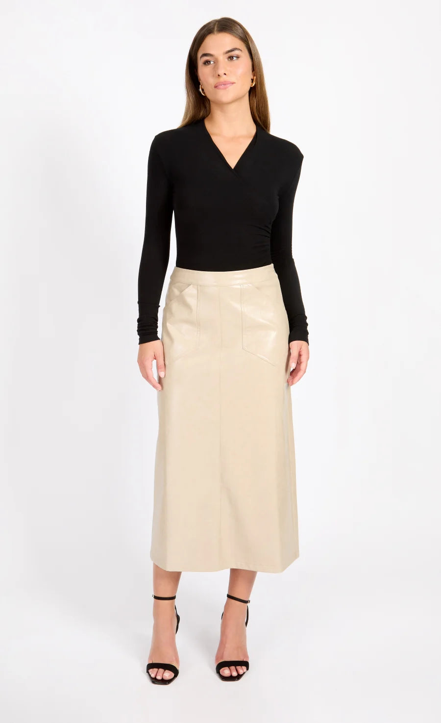 Amie Cracked Faux Leather Skirt (Oatmeal)