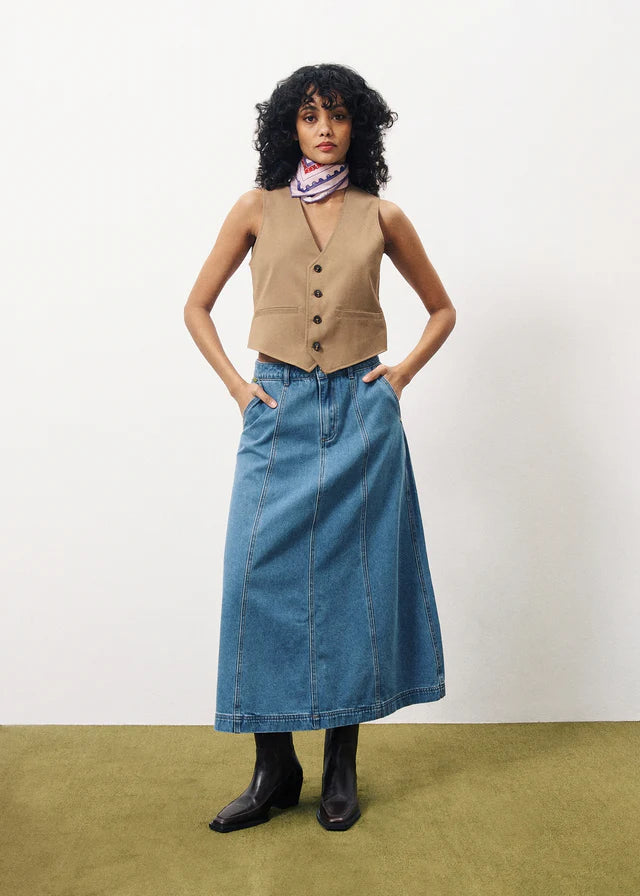 Ermeline Denim Midi Skirt (Mid Blue)