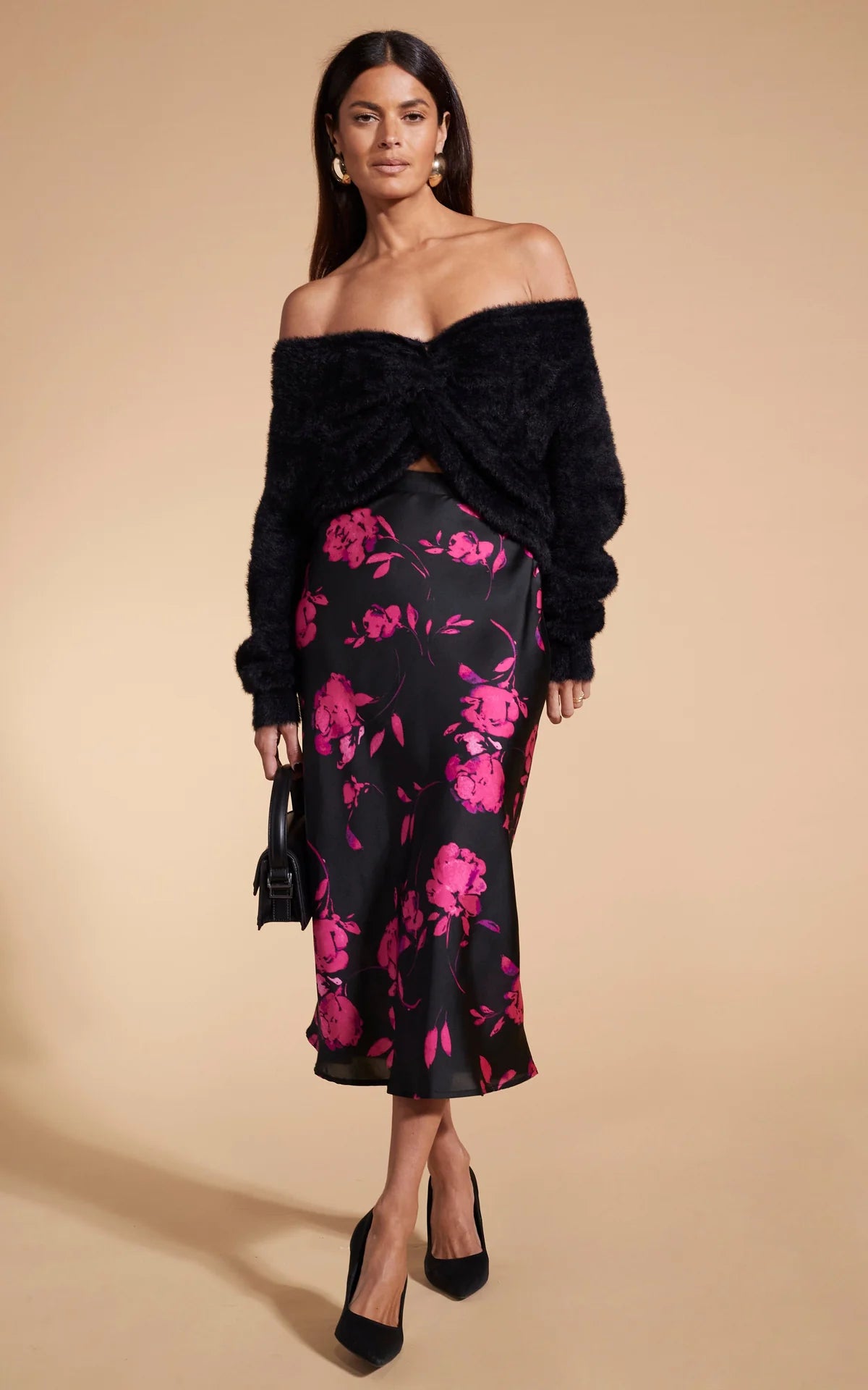 LOTUS SKIRT (PINK ON BLACK FLORAL)