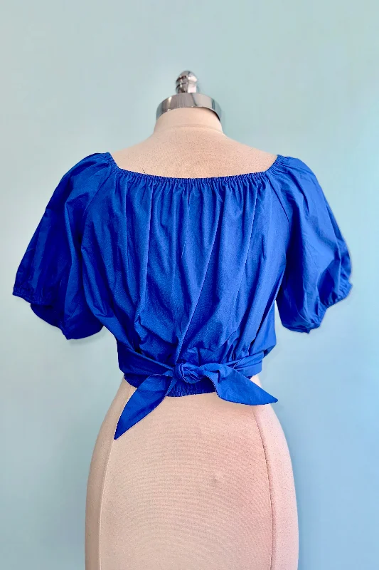 Puff Sleeve Back Tie Crop Top in Royal Blue