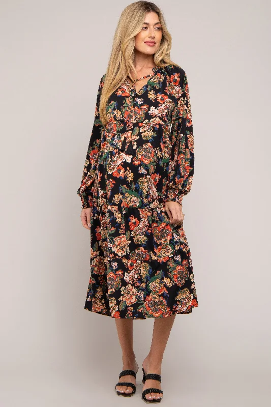 Black Floral Ruffle Neck Tiered Maternity Midi Dress