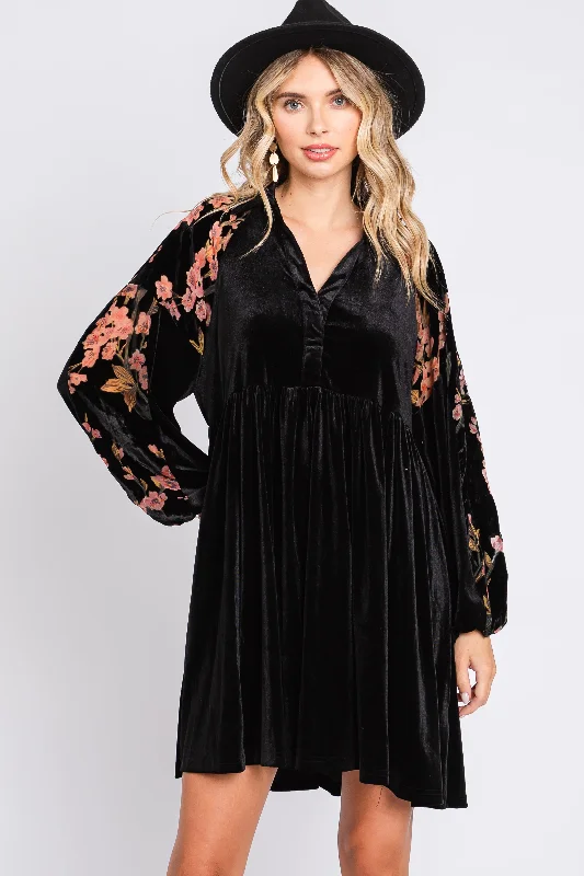 Black Velvet Floral Long Sleeve Dress