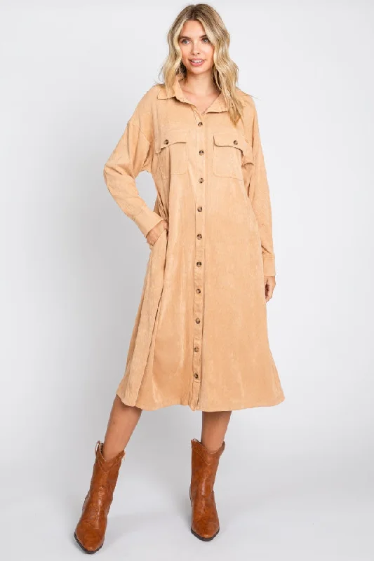 Camel Knit Corduroy Button Down Midi Dress