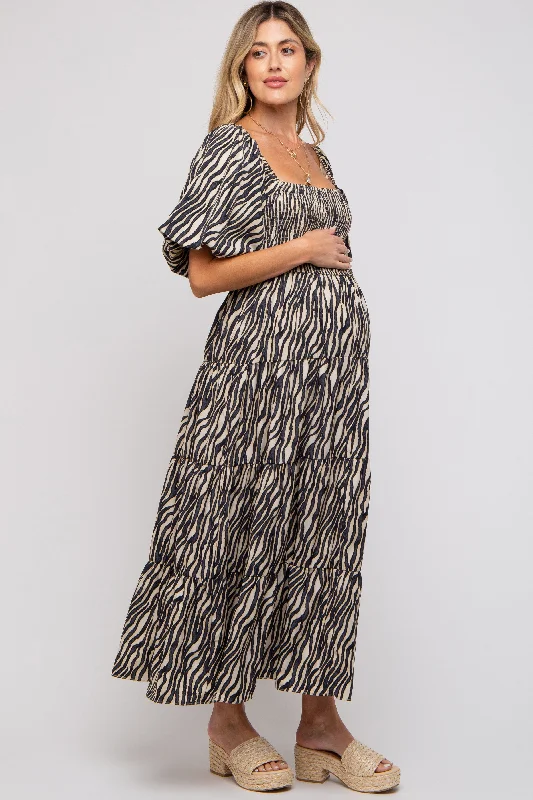 Charcoal Printed Smocked Maternity Maxi Dress