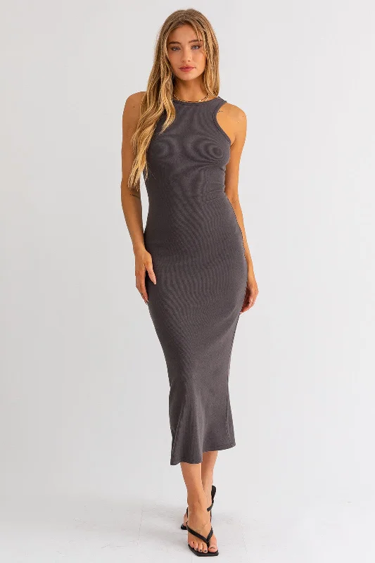 Charcoal Rib Knit Open Back Maxi Dress