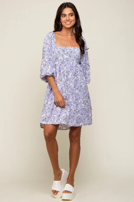 Lavender Floral Square Neck Back Cut Out Tie Dress