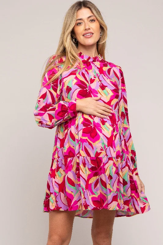 Magenta Floral Ruffle Mock Neck Maternity Dress