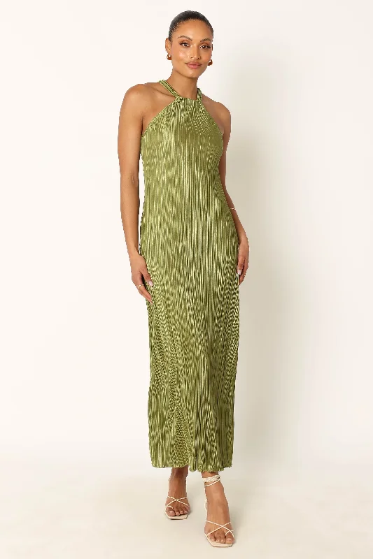 Melody Plisse Halter Maxi Dress - Olive