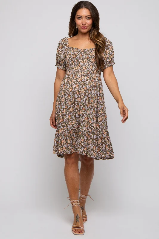 Mocha Floral Smocked Square Neck Short Sleeve Maternity Dress