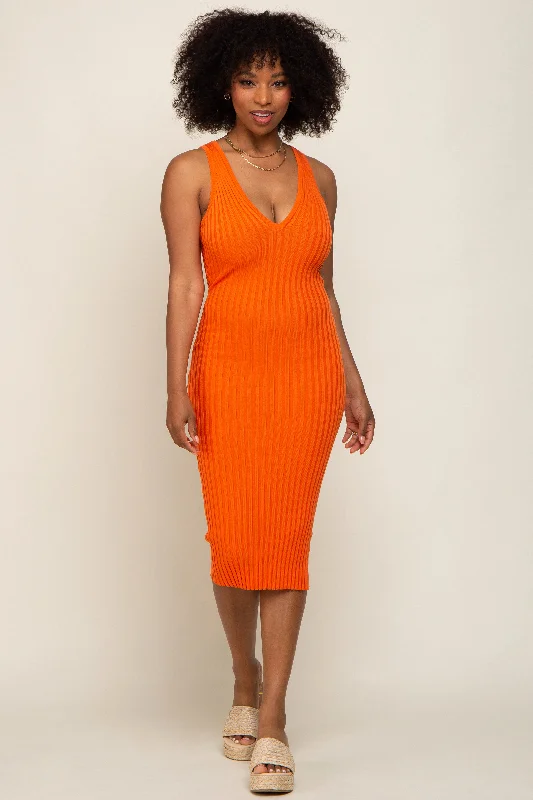 Orange Ribbed Knit Fitted V-Neck Midi Dress