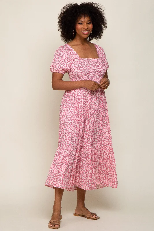 Pink Floral Smocked Short Sleeve Midi Dress