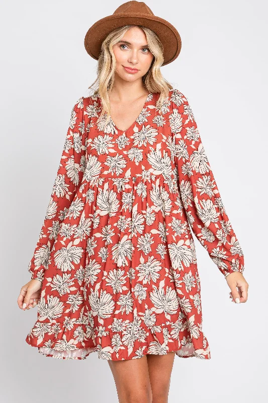 Rust Floral V-Neck Long Sleeve Dress