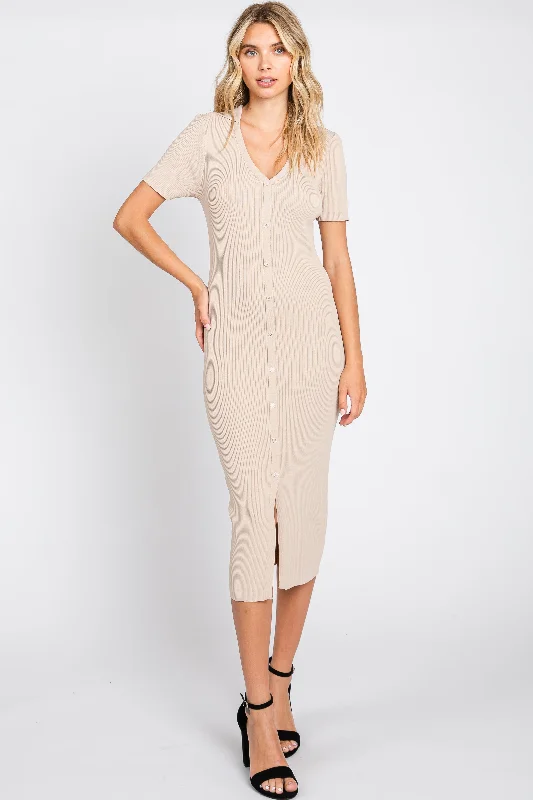 Taupe Collared Button Front Ribbed Midi Dress