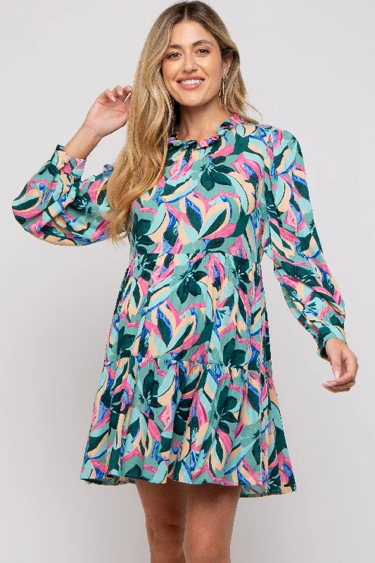 Teal Floral Ruffle Mock Neck Maternity Dress