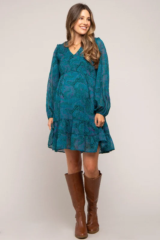 Teal Printed Smocked Long Sleeve Maternity Dress