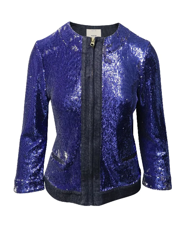 Pinko Tag Sequin Embellished Jacket in Blue Denim