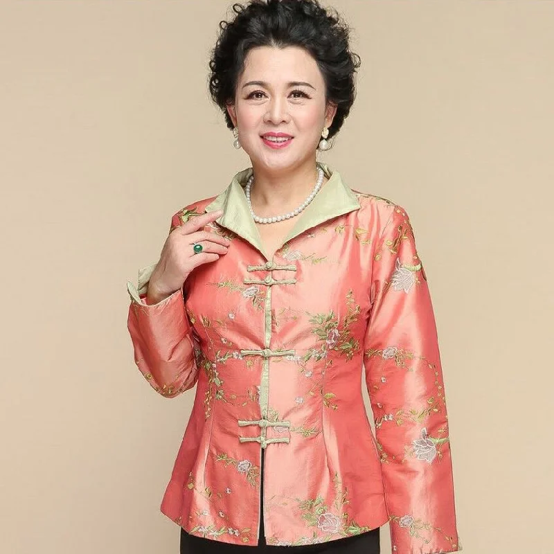 V Neck Foral Embroidery Taffeta Chinese Style Jacket