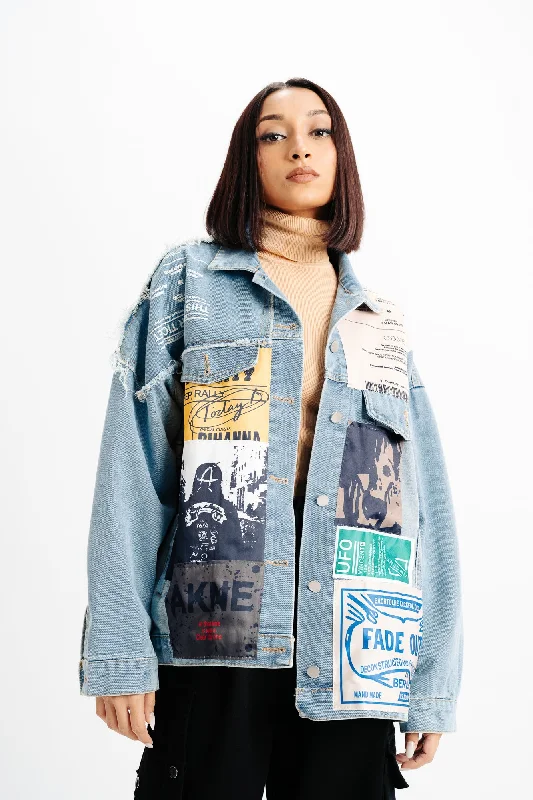 Patch Printed Blue Denim Jacket