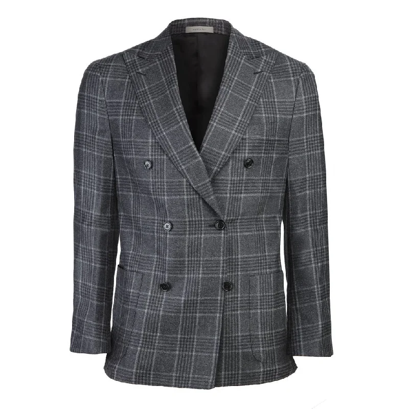 CORNELIANI Double Breasted Wool Check Gate Jacket CHARCOAL