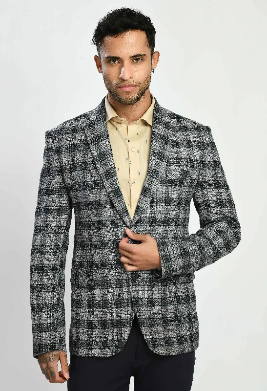 Grey Black Checks Casual Blazers