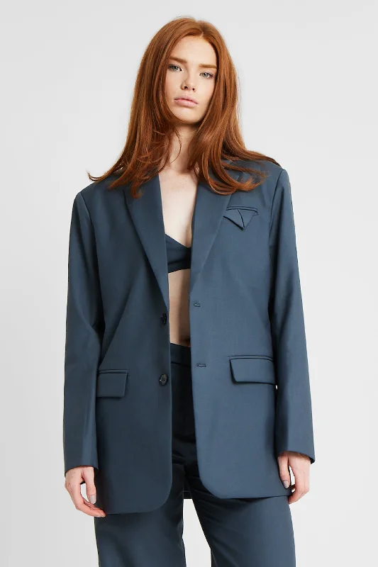 Single Breasted Blazer with Button Belt - Vintage Blue