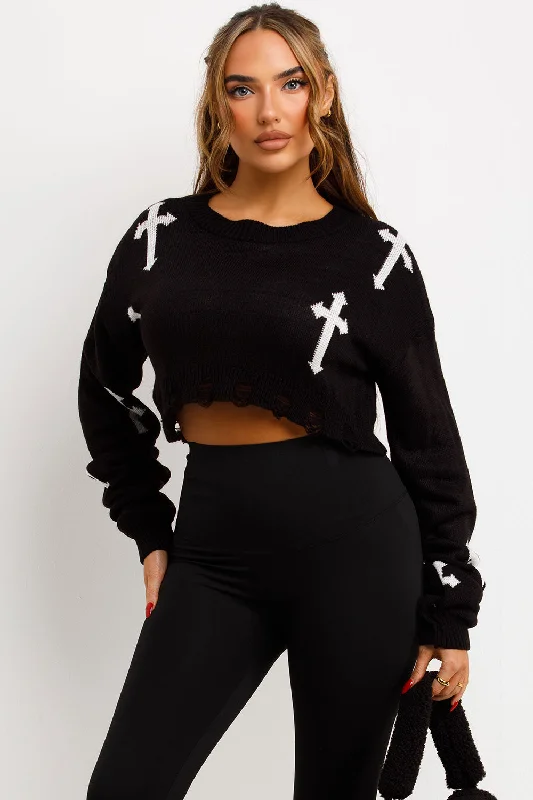 Knitted Jumper With Crosses Cropped Black